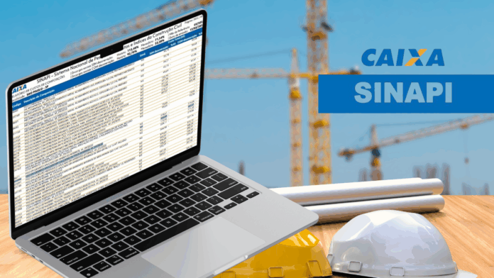 Profissional da construção civil analisando uma base de insumos digital em um sistema ERP, com gráficos de custos e planejamento de obra na tela do computador.