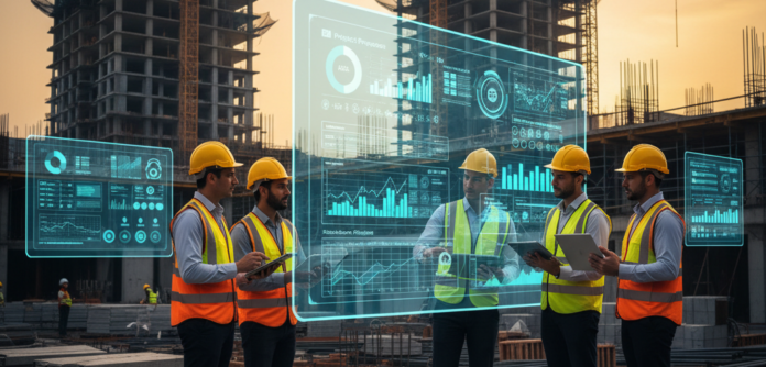Engenheiros e gestores de obras em um canteiro de construção analisando painéis digitais de um dos melhores sistemas ERP para construção civil, com gráficos e indicadores de gestão de obras.