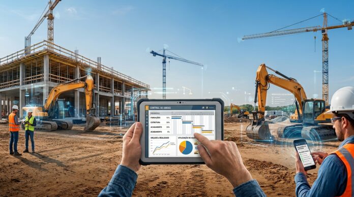 Vista em formato paisagem de um canteiro de obras moderno integrado com tecnologia móvel e sistema de gestão ERP para controlo de obras, orçamentos e gestão de frotas na construção civil.